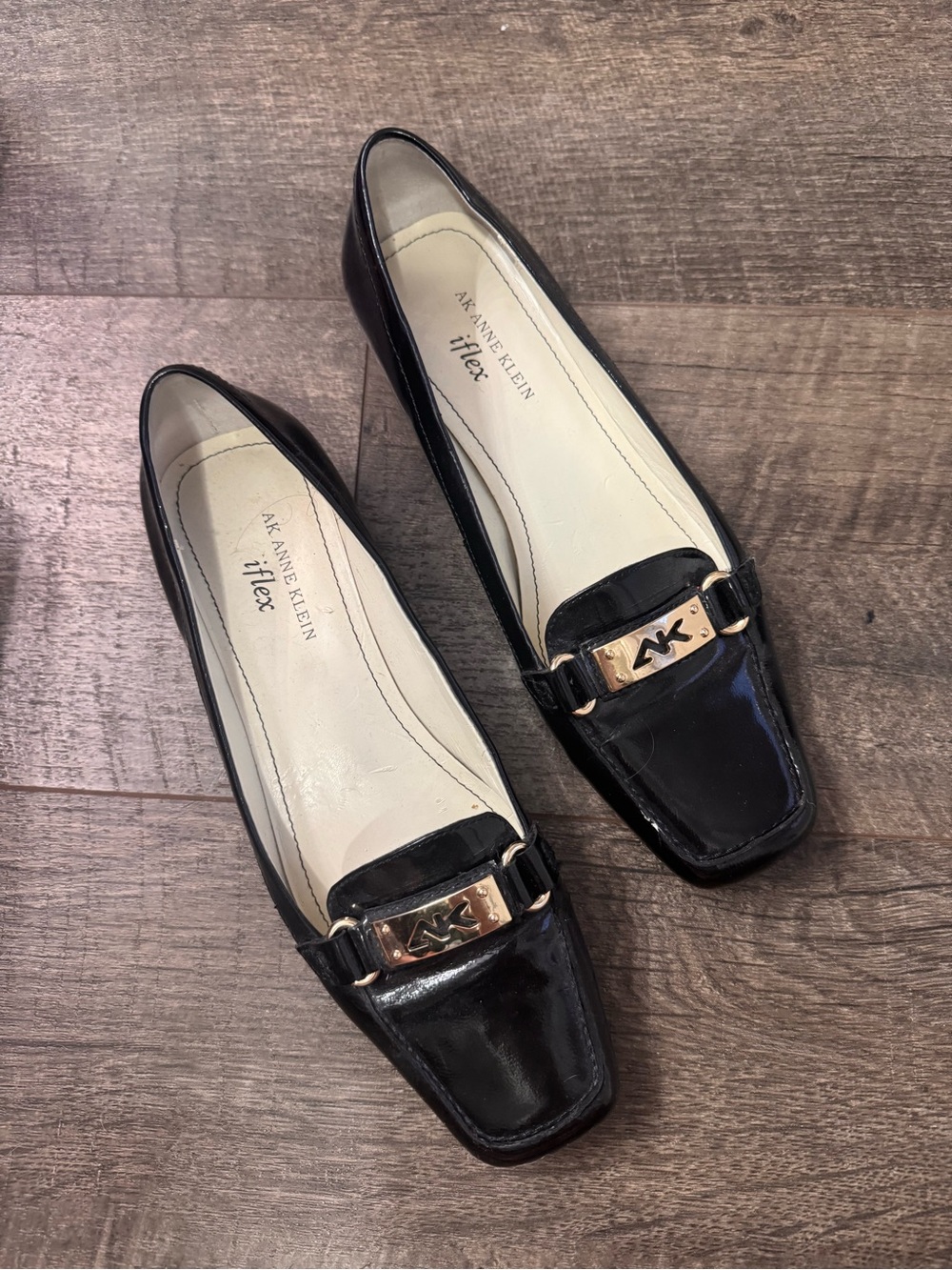 Anne Klein Black Patent Leather Loafers with Gold Logo Trim